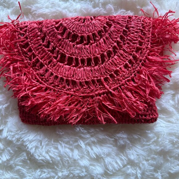Mar Y Sol Coral Raffia Fringe Clutch – Handmade Straw Bag – Boho Summer Purse - Picture 1 of 5